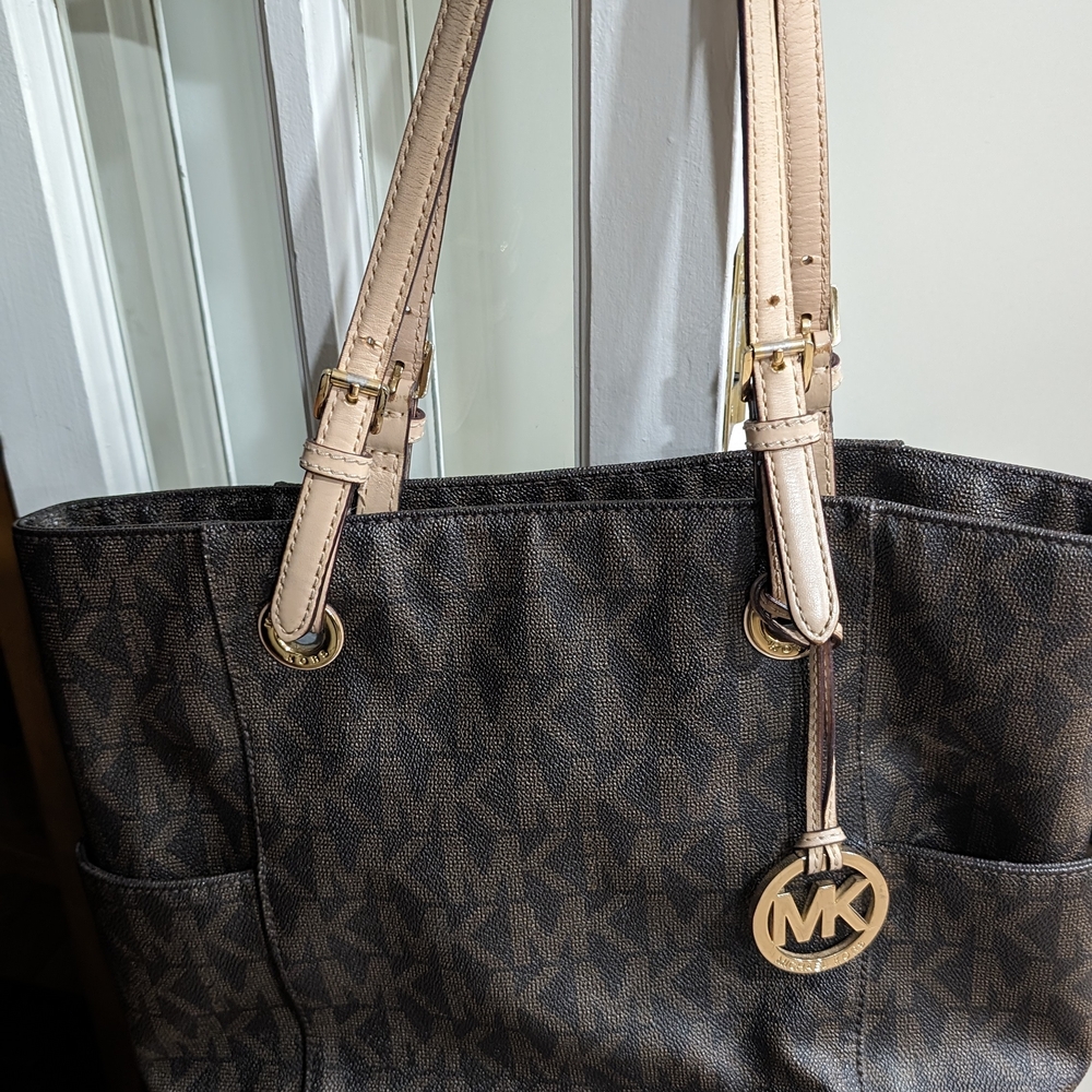 Michael Kors Brown MK Signature Tote with Beige Straps